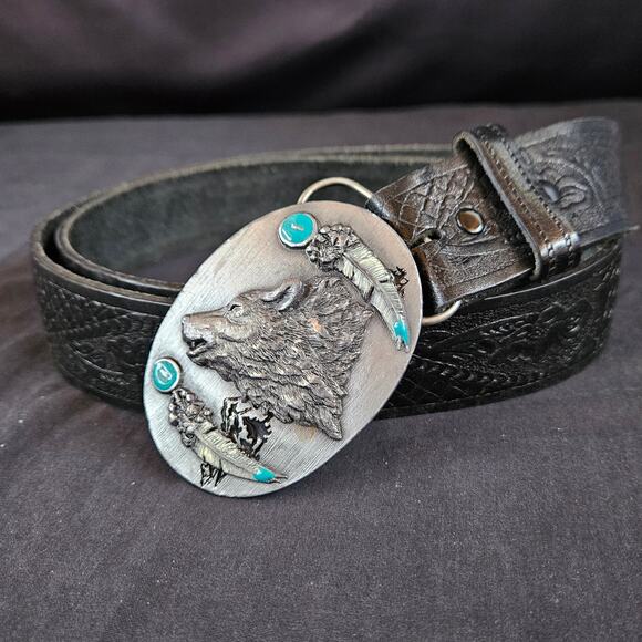 Levi's Black Belt with Siskiyou Co. Buckle Native American 40/100 Wolf Turquoise - Picture 1 of 11